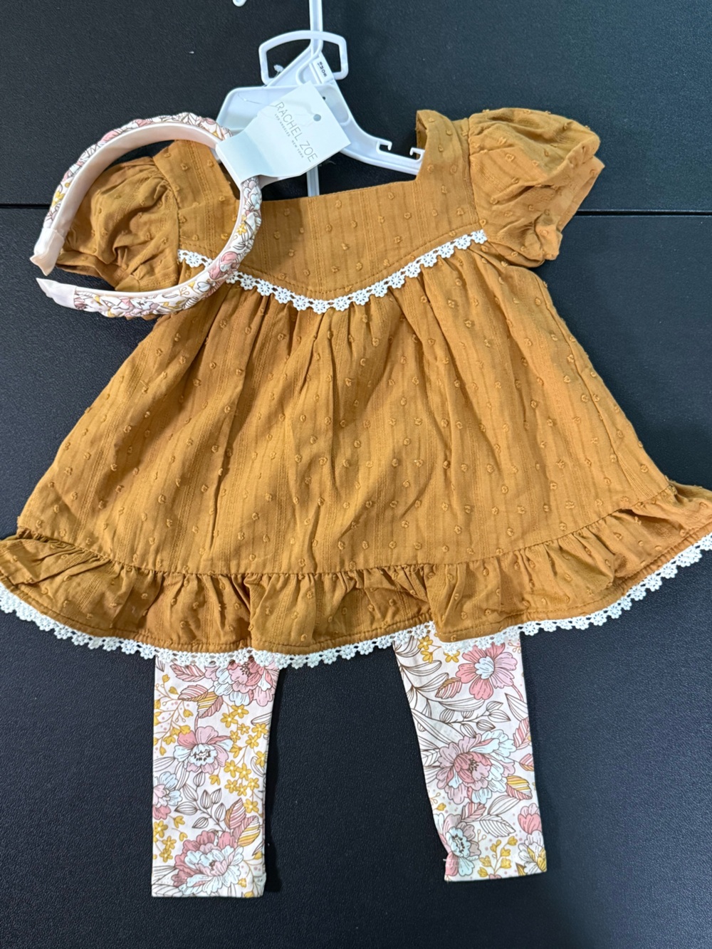 NWT 18m Rachel Zoe Mustard Dot Baby Dress with Floral Leggings and Headband
